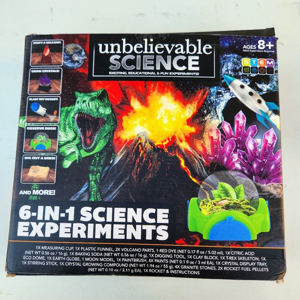 NEW Unbelievable Science 6 in 1 Experiments Set Kit Volcano Crystals Rocket